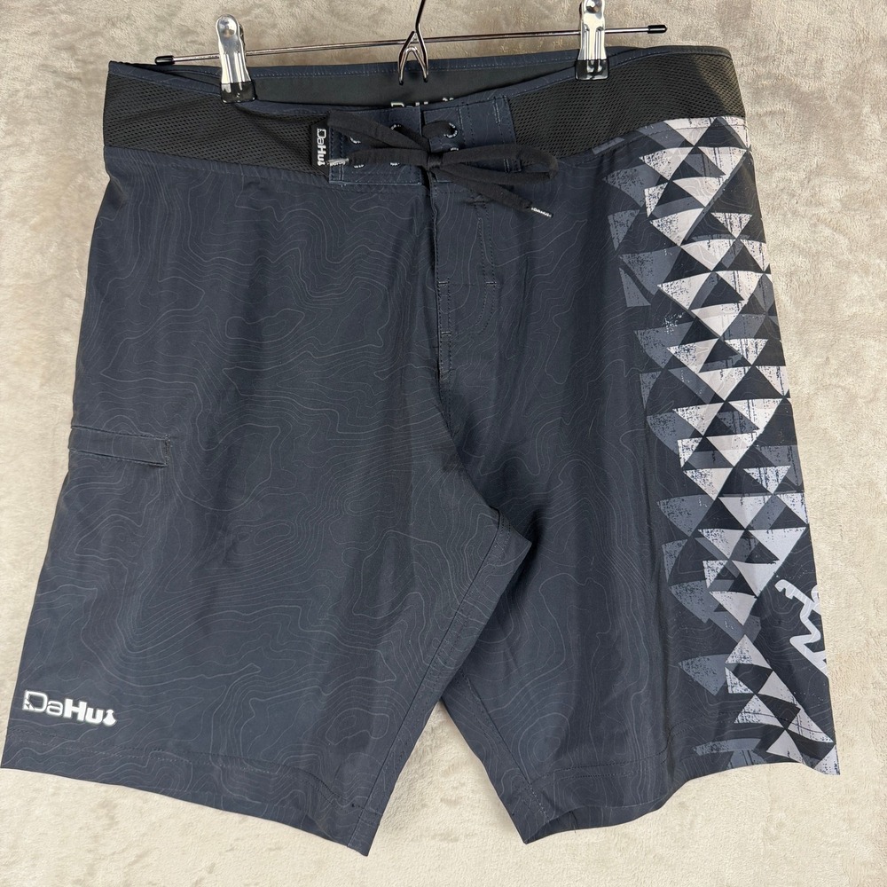 Da Hui Mens Board Shorts Black Gray Topographic Geometric Print Size 34
